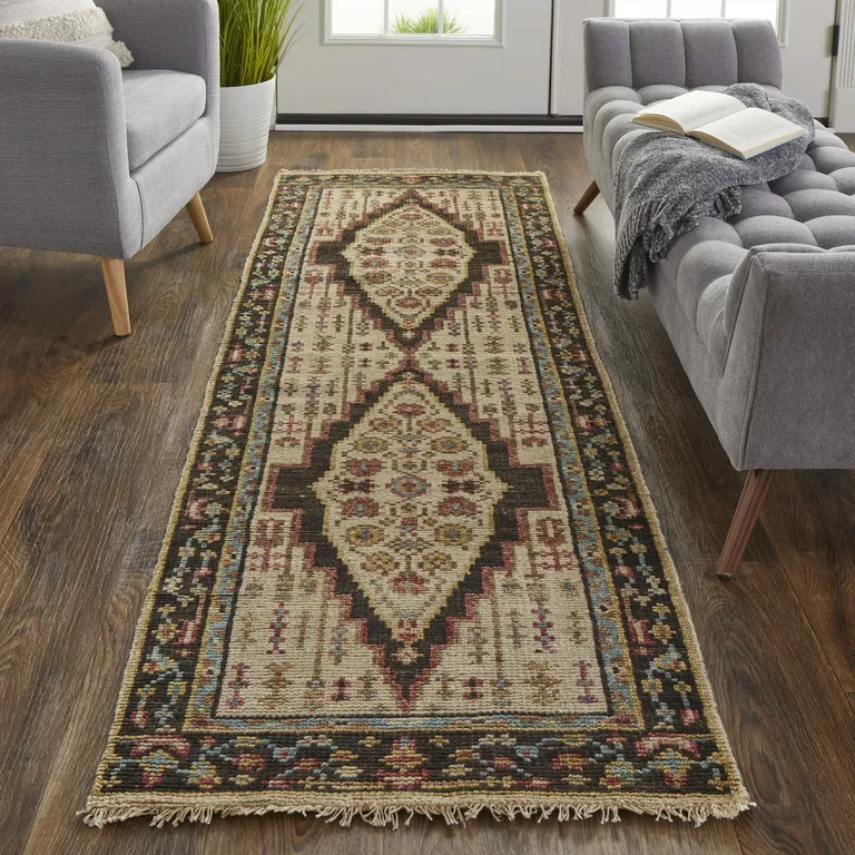 8' Brown Yellow And Green Wool Floral Hand Knotted Distressed Stain Resistant Runner Rug With Fringe Photo 4