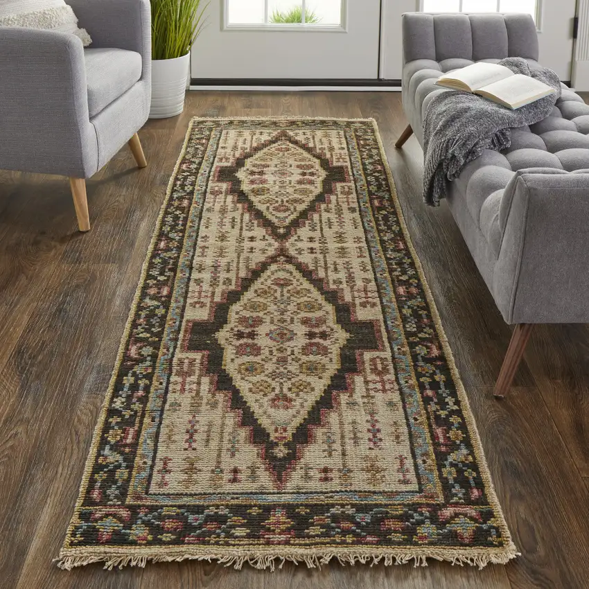 8' Brown Yellow And Green Wool Floral Hand Knotted Distressed Stain Resistant Runner Rug With Fringe Photo 4