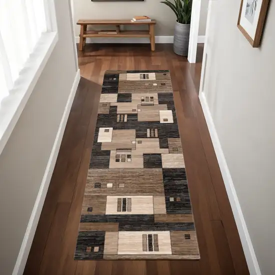 8' Brown and Black Abstract Power Loom Runner Rug Photo 2