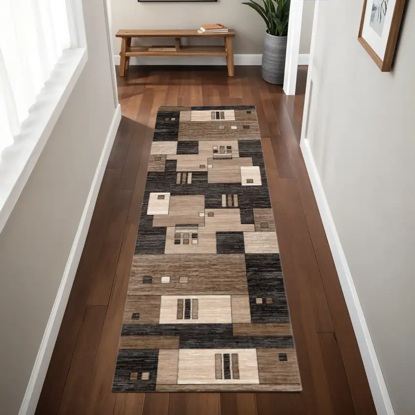 8' Brown and Black Abstract Power Loom Runner Rug Photo 2