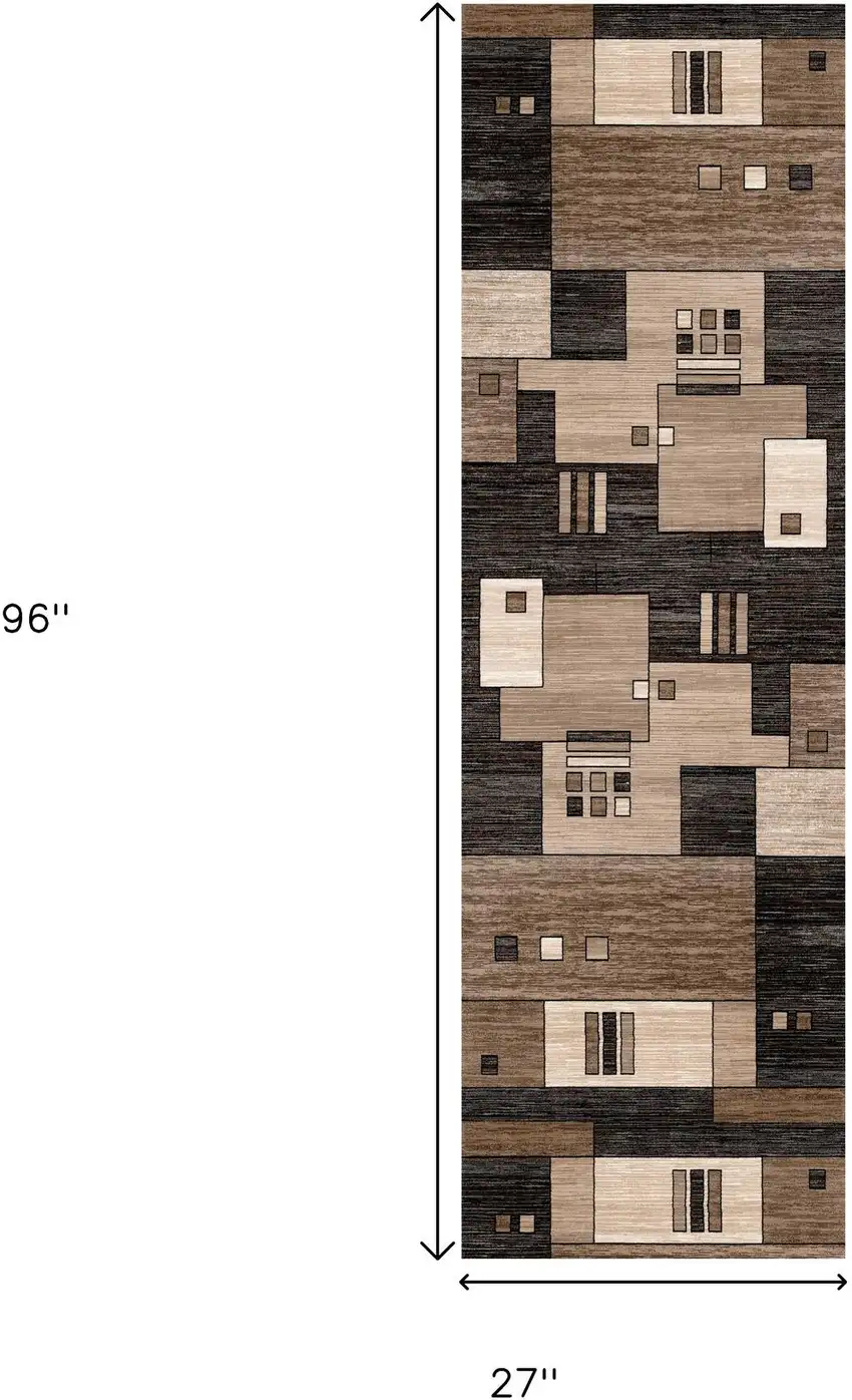 8' Brown and Black Abstract Power Loom Runner Rug Photo 9