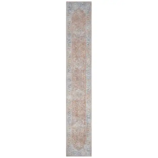 8' Brown and Blue Oriental Power Loom Distressed Runner Rug With Fringe Photo 2