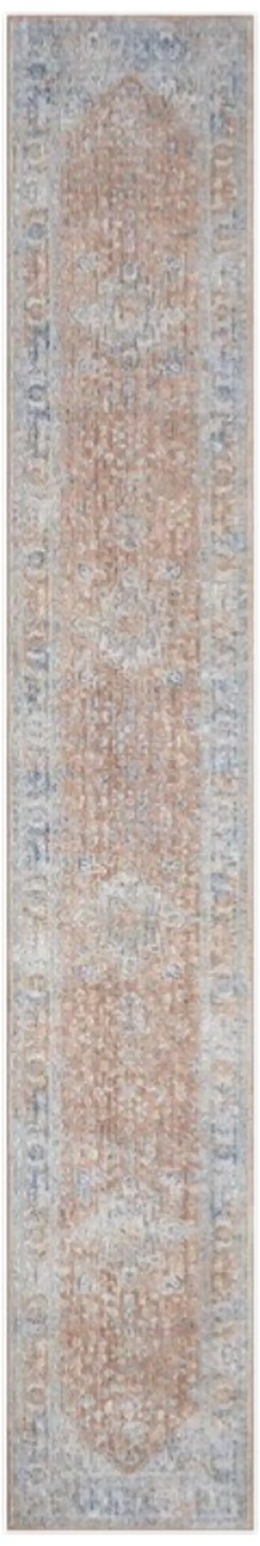 8' Brown and Blue Oriental Power Loom Distressed Runner Rug With Fringe Photo 2