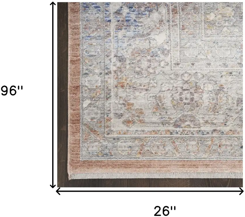 8' Brown and Blue Oriental Power Loom Distressed Runner Rug With Fringe Photo 7