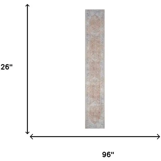 8' Brown and Blue Oriental Power Loom Distressed Runner Rug With Fringe Photo 9