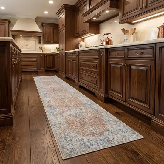 8' Brown and Blue Oriental Power Loom Distressed Runner Rug With Fringe Photo 1