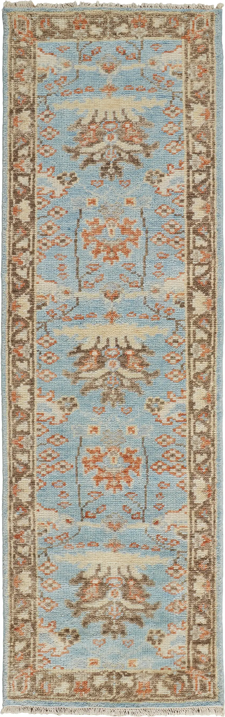 8' Brown and Blue Wool Oriental Hand Knotted Runner Rug Photo 1