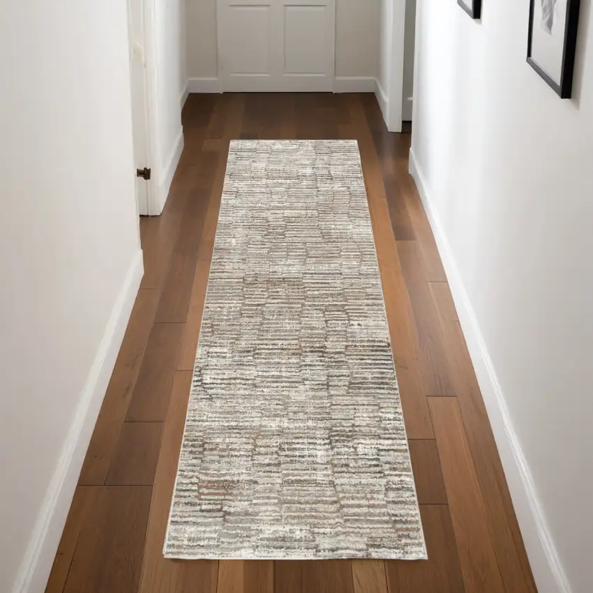 8' Brown and Ivory Abstract Runner Rug Photo 1