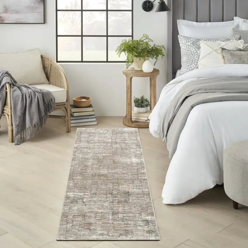 8' Brown and Ivory Abstract Runner Rug Photo 8