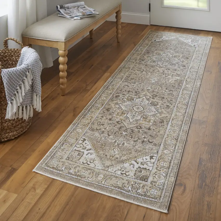 8' Brown and Ivory Medallion Power Loom Distressed Runner Rug Photo 6