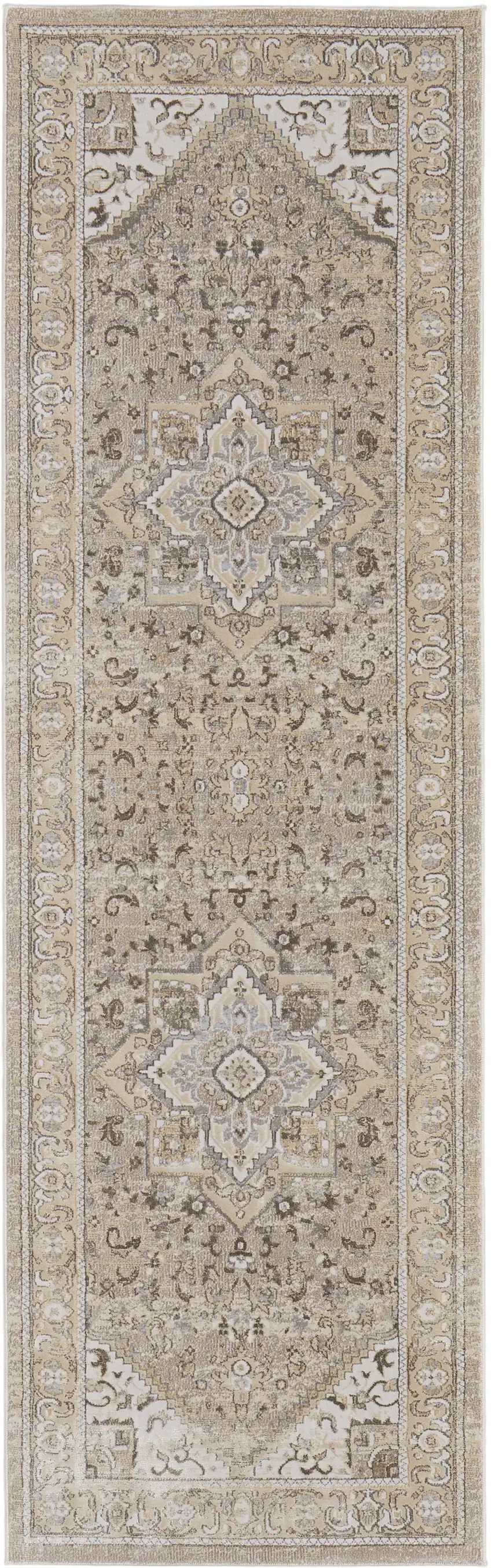 8' Brown and Ivory Medallion Power Loom Distressed Runner Rug Photo 2