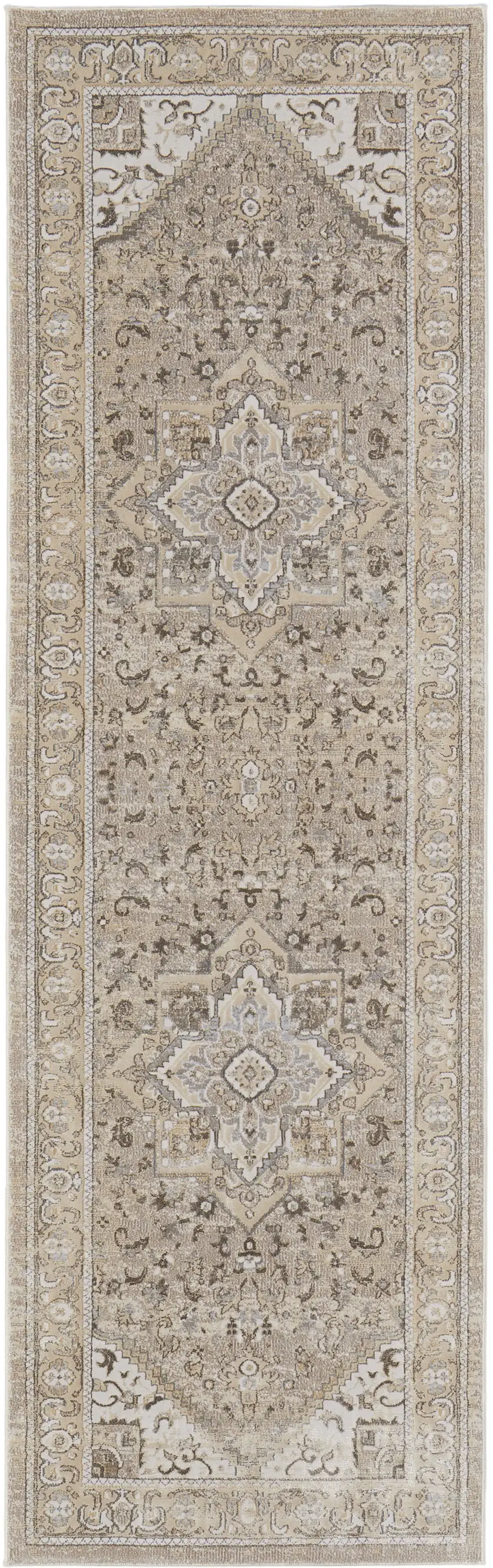 8' Brown and Ivory Medallion Power Loom Distressed Runner Rug Photo 4
