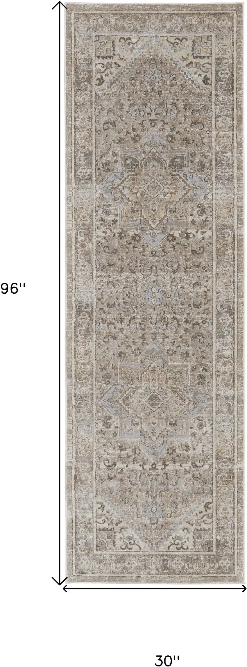 8' Brown and Ivory Medallion Power Loom Distressed Runner Rug Photo 3