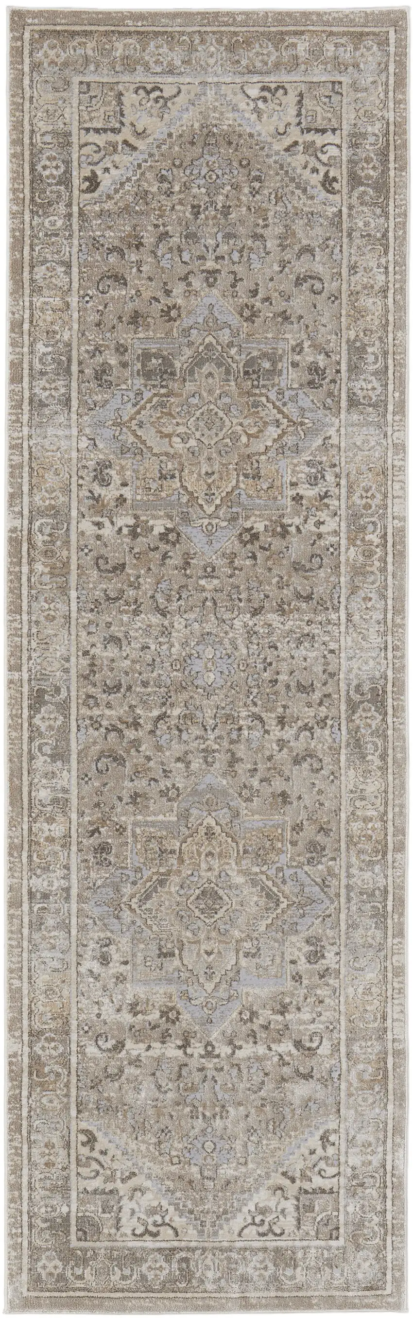 8' Brown and Ivory Medallion Power Loom Distressed Runner Rug Photo 4