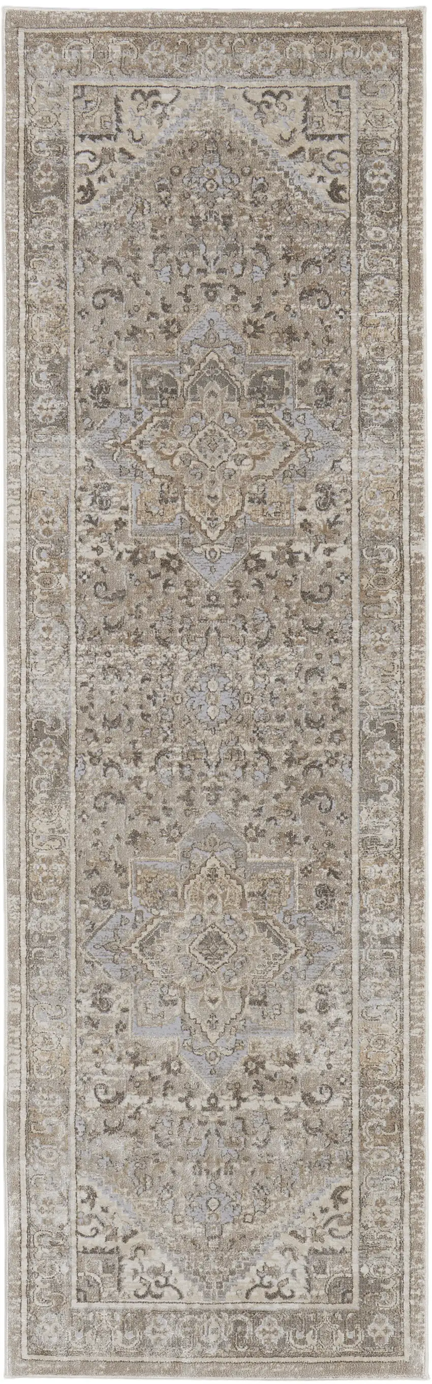 8' Brown and Ivory Medallion Power Loom Distressed Runner Rug Photo 2