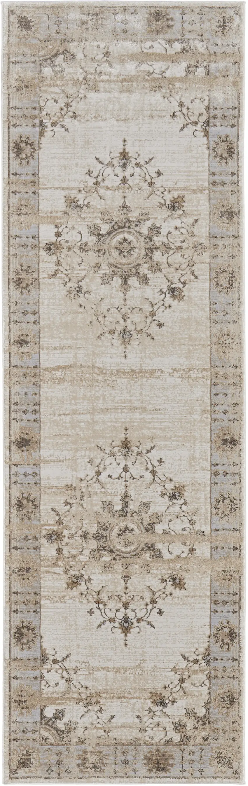 8' Brown and Ivory Oriental Power Loom Distressed Runner Rug Photo 2