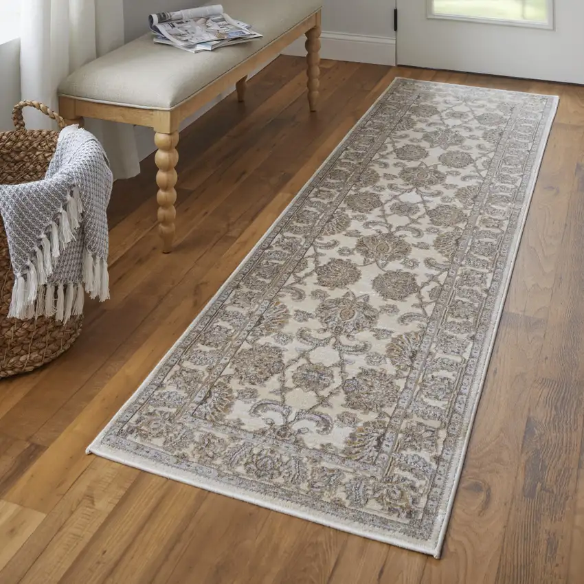 8' Brown and Ivory Oriental Power Loom Distressed Runner Rug Photo 5