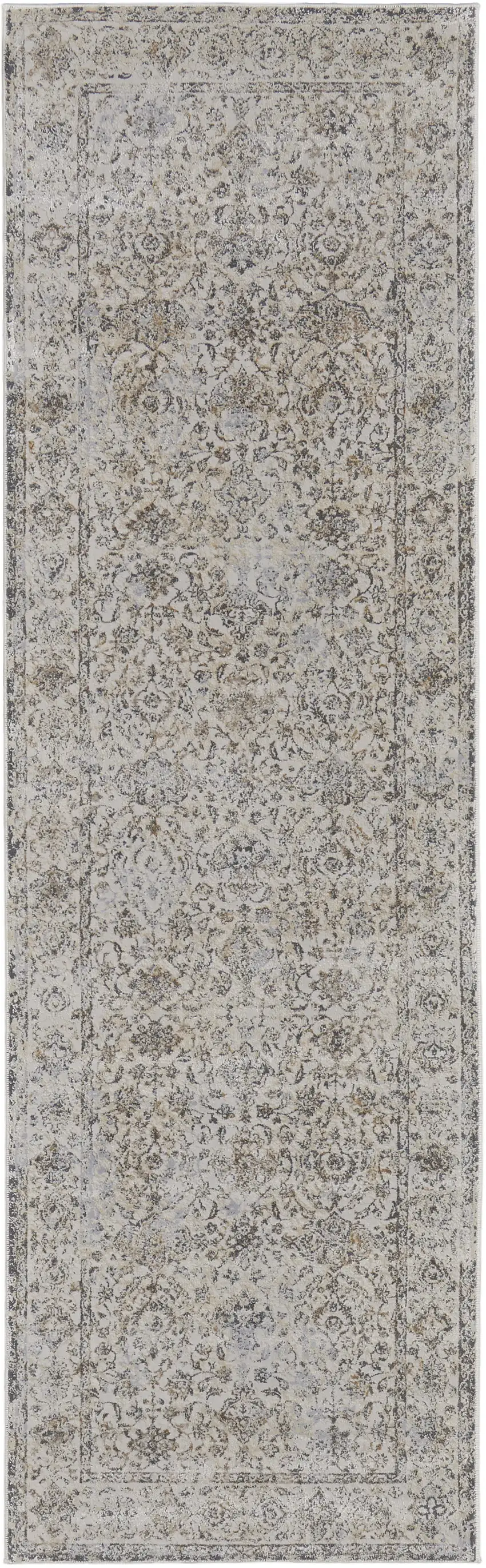 8' Brown and Ivory Oriental Power Loom Distressed Runner Rug Photo 2