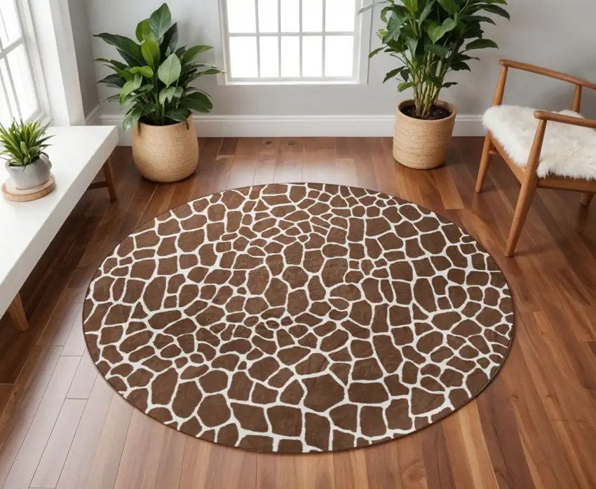8' Brown and Ivory Round Animal Print Handmade Non Skid Area Rug Photo 1