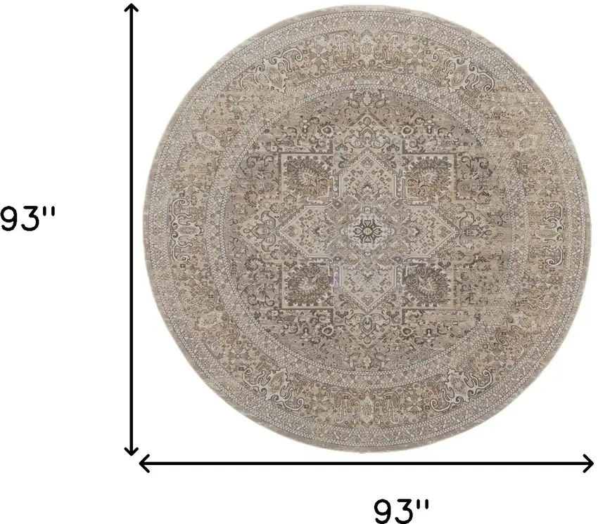 8' Brown and Ivory Round Medallion Power Loom Distressed Area Rug Photo 3