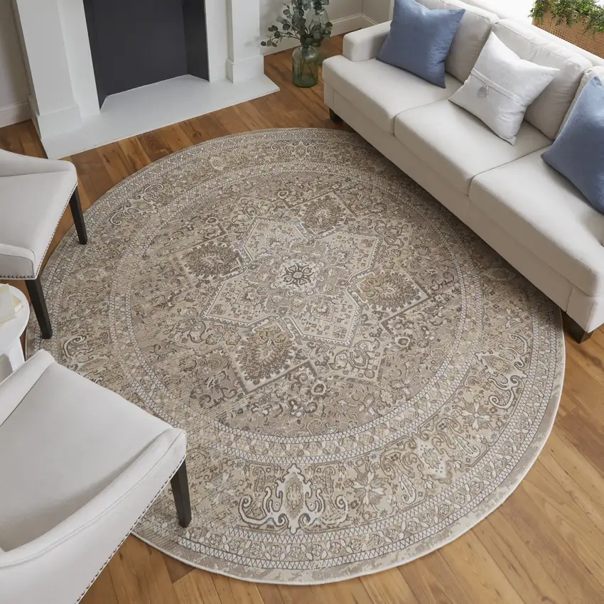 8' Brown and Ivory Round Medallion Power Loom Distressed Area Rug Photo 6
