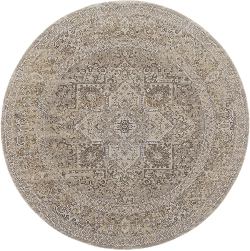 8' Brown and Ivory Round Medallion Power Loom Distressed Area Rug Photo 4