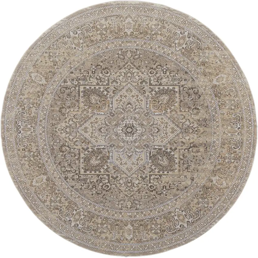 8' Brown and Ivory Round Medallion Power Loom Distressed Area Rug Photo 2