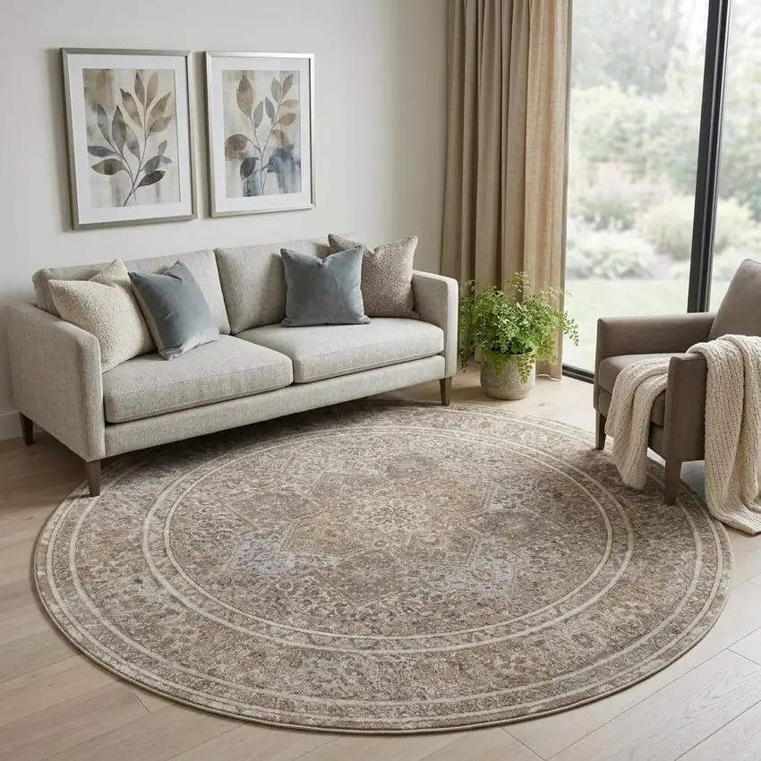 8' Tan Brown And Gray Medallion Distressed Round Rug Photo 1
