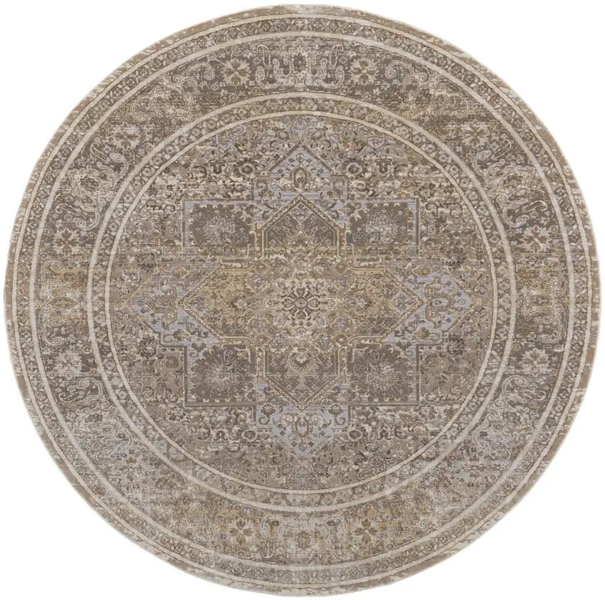 8' Brown and Ivory Round Medallion Power Loom Distressed Area Rug Photo 4