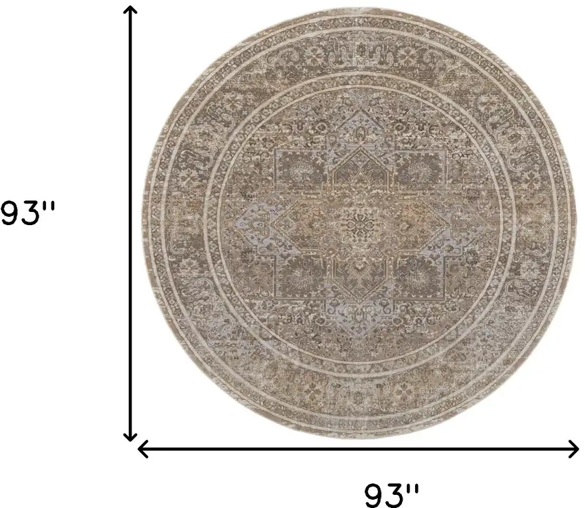8' Brown and Ivory Round Medallion Power Loom Distressed Area Rug Photo 3