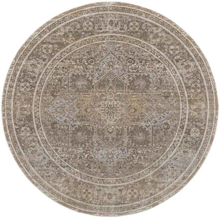 8' Brown and Ivory Round Medallion Power Loom Distressed Area Rug Photo 2