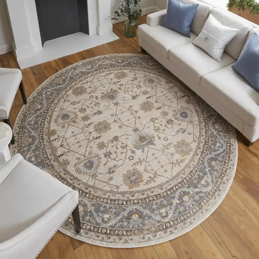 8' Brown and Ivory Round Oriental Power Loom Distressed Area Rug Photo 6