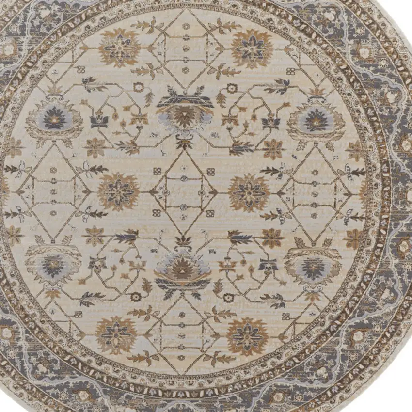 8' Brown and Ivory Round Oriental Power Loom Distressed Area Rug Photo 5