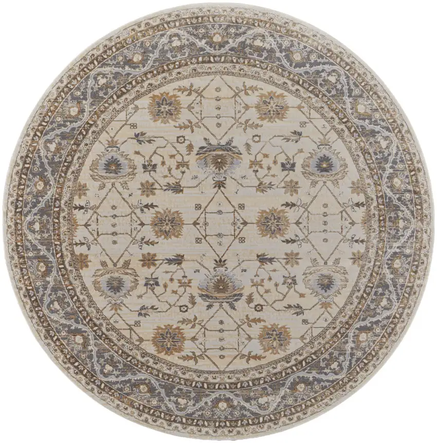 8' Brown and Ivory Round Oriental Power Loom Distressed Area Rug Photo 4