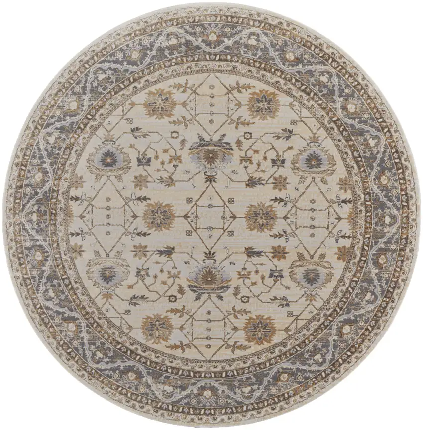 8' Brown and Ivory Round Oriental Power Loom Distressed Area Rug Photo 2