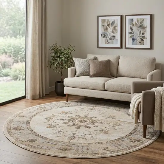 8' Tan Brown And Gray Oriental Distressed Round Rug Photo 1