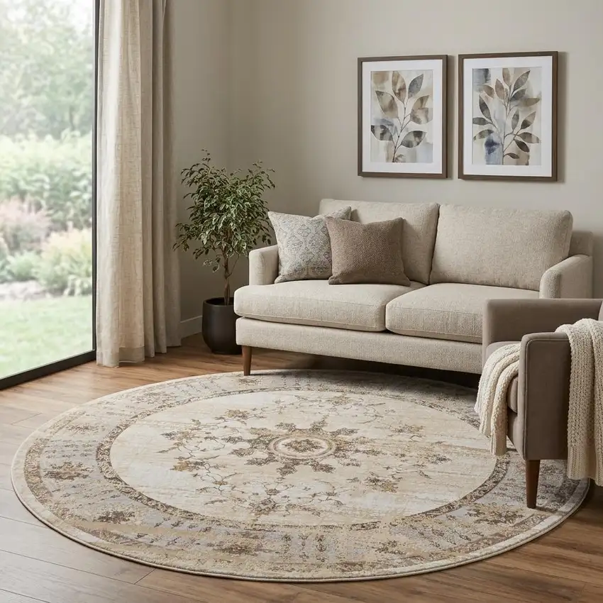8' Tan Brown And Gray Oriental Distressed Round Rug Photo 1