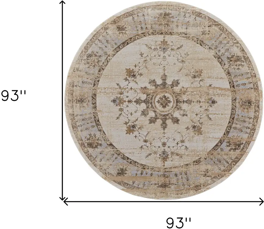 8' Brown and Ivory Round Oriental Power Loom Distressed Area Rug Photo 3