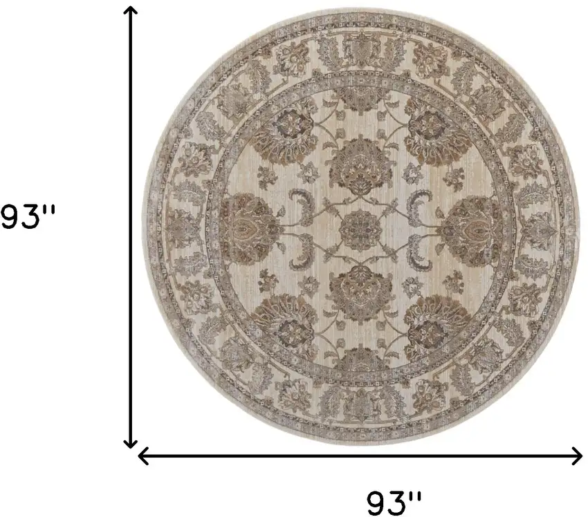 8' Brown and Ivory Round Oriental Power Loom Distressed Area Rug Photo 3
