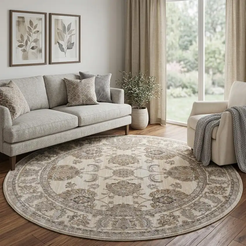 8' Tan And Brown Oriental Distressed Round Rug Photo 1