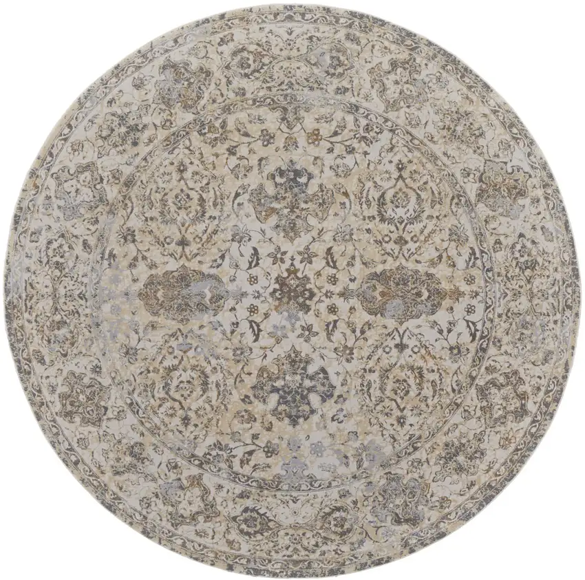 8' Gray Ivory And Tan Oriental Distressed Round Rug Photo 2