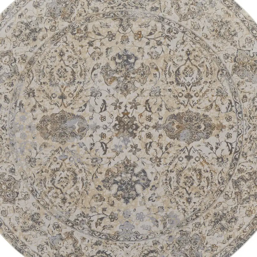 8' Gray Ivory And Tan Oriental Distressed Round Rug Photo 5