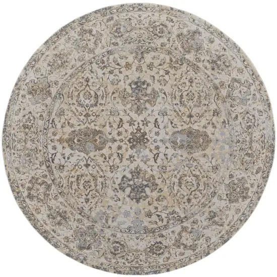 8' Gray Ivory And Tan Oriental Distressed Round Rug Photo 4