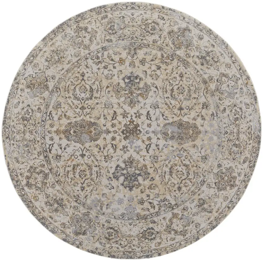 8' Gray Ivory And Tan Oriental Distressed Round Rug Photo 4
