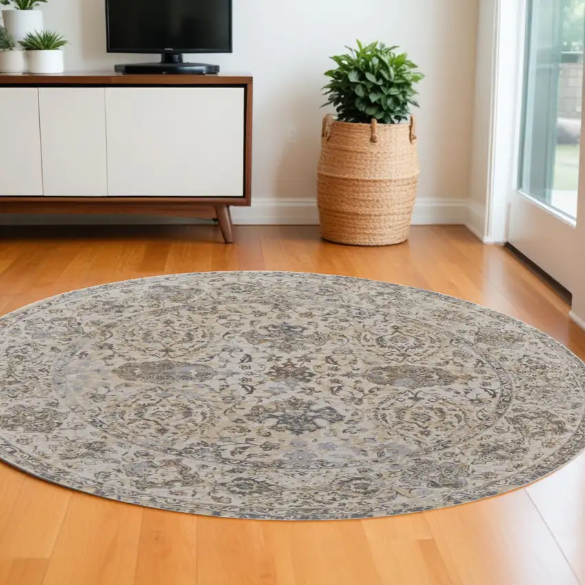 8' Gray Ivory And Tan Oriental Distressed Round Rug Photo 1