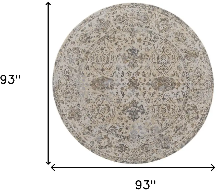 8' Brown and Ivory Round Oriental Power Loom Distressed Area Rug Photo 3