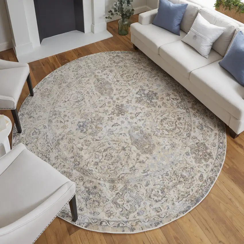 8' Gray Ivory And Tan Oriental Distressed Round Rug Photo 6