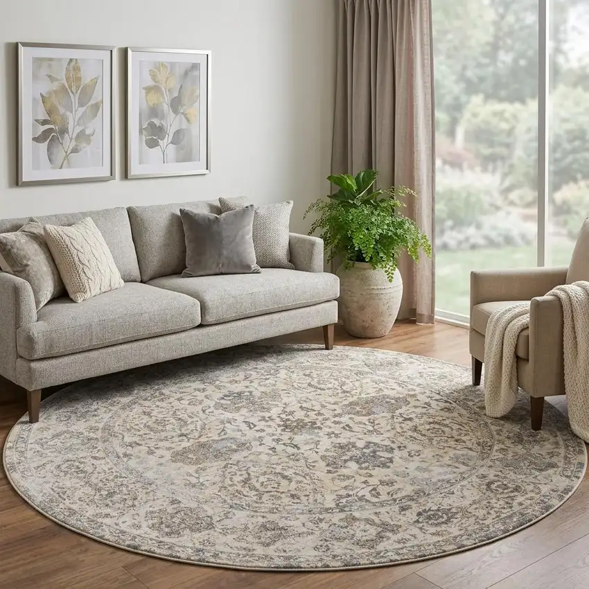 8' Gray Ivory And Tan Oriental Distressed Round Rug Photo 1