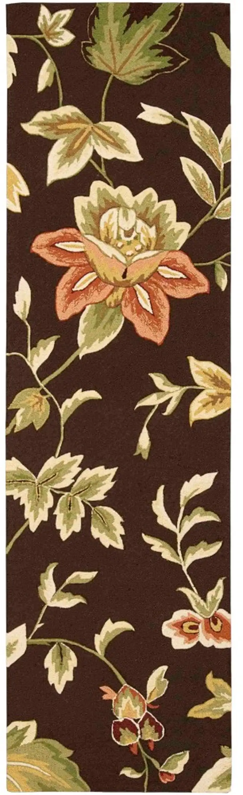 8' Brown and Orange Botanical Leaves Hand Carved Handmade Runner Rug Photo 1