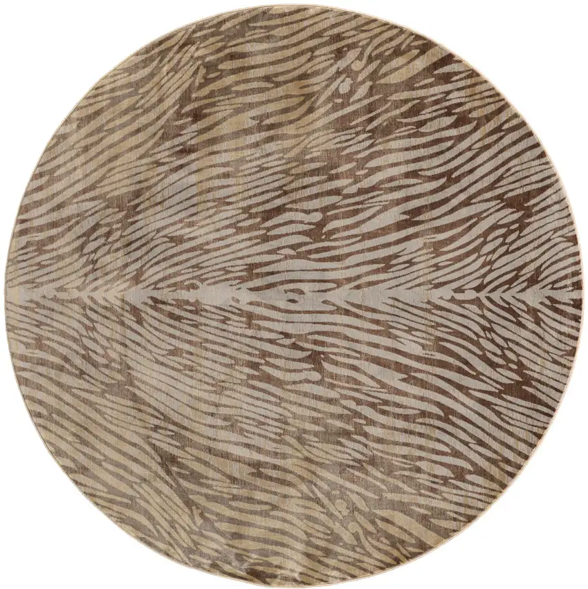 8' Brown and Tan Animal Print Power Loom Round Rug Photo 2